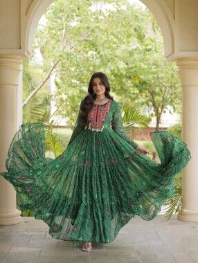 Green Dress Chiffon Bandhani Anarkali Indian Ethnic Gown Navratri Garba Dress